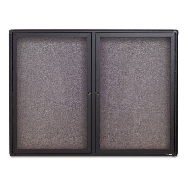 Enclosed Indoor Fabric Bulletin Board with Two Hinged Doors, 48 x 36, Gray Surface, Graphite Aluminum Frame