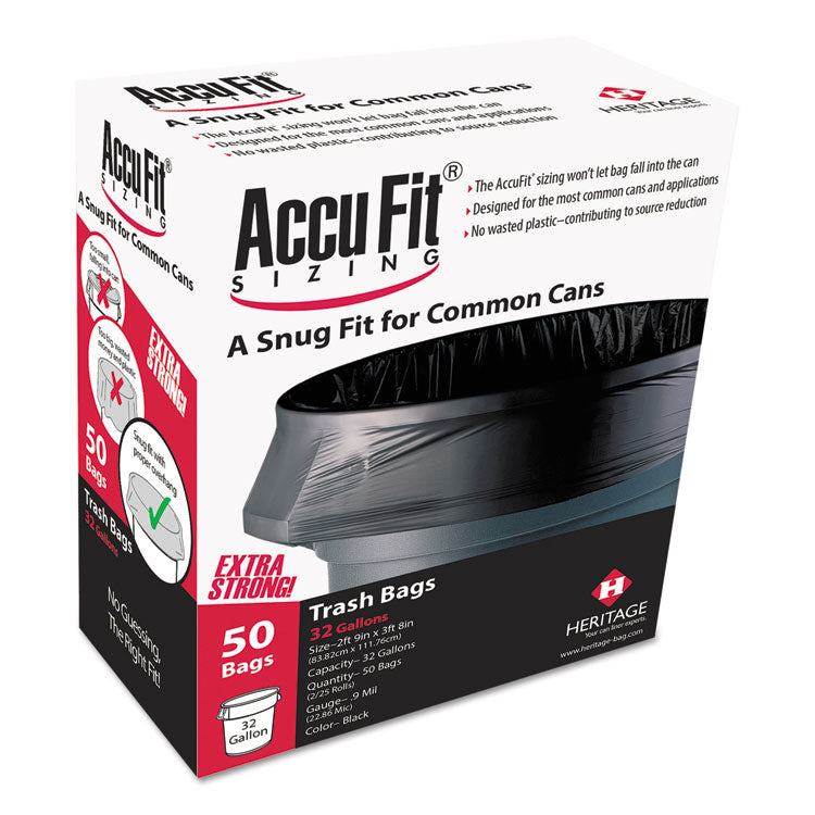 Linear Low Density Can Liners with AccuFit Sizing, 55 gal, 1.3 mil, 40  x 53 , Black, 50/Box