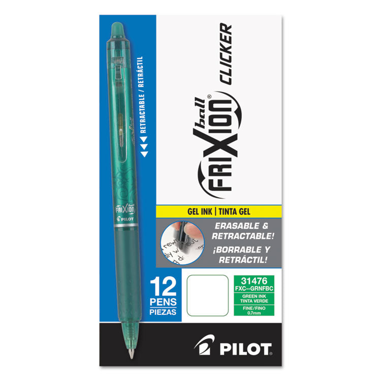 FriXion Clicker Erasable Gel Pen, Retractable, Fine 0.7 mm, Green Ink, Green Barrel, Dozen