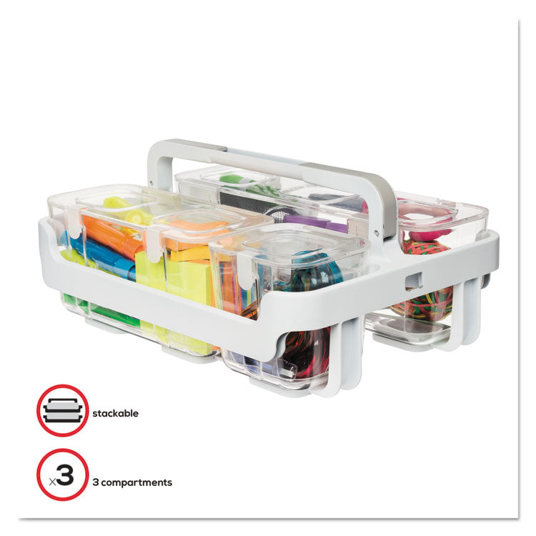 Stackable Caddy Organizer with S, M and L Containers, Plastic, 10.5 x 14 x 6.5, White Caddy/Clear Containers