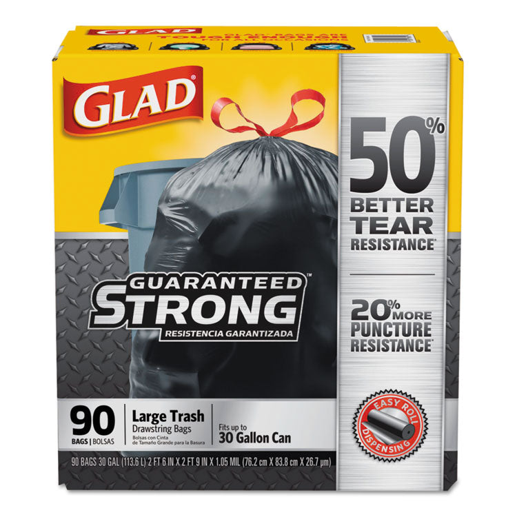 Drawstring Large Trash Bags, Three-Ply, 30 gal, 1.05 mil, 30  x 33 , Black, 90/Carton
