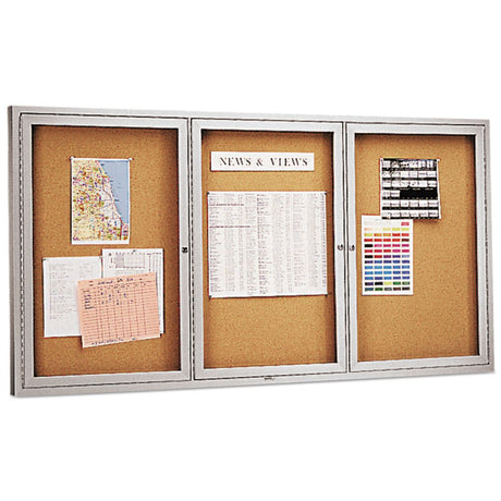 Enclosed Indoor Cork Bulletin Board with Three Hinged Doors, 72 x 36, Tan Surface, Silver Aluminum Frame