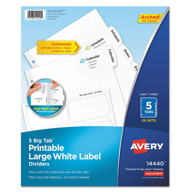 Big Tab Printable Large White Label Tab Dividers, 5-Tab, 11 x 8.5, White, 20 Sets