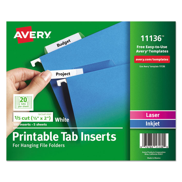 Tabs Inserts For Hanging File Folders, 1/5-Cut, White, 2" Wide, 100/Pack