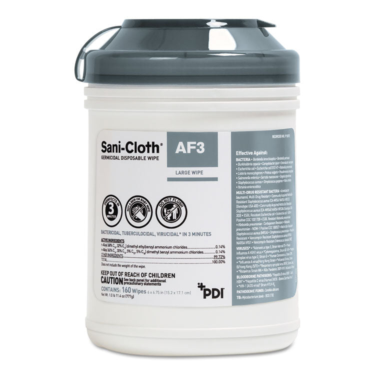 Sani-Cloth AF3 Germicidal Disposable Wipes, 6 x 6.75, White, 160 Wipes/Canister, 12 Canisters/Carton