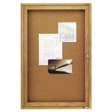 Enclosed Indoor Cork Bulletin Board with One Hinged Door, 24 x 36, Tan Surface, Oak Fiberboard Frame