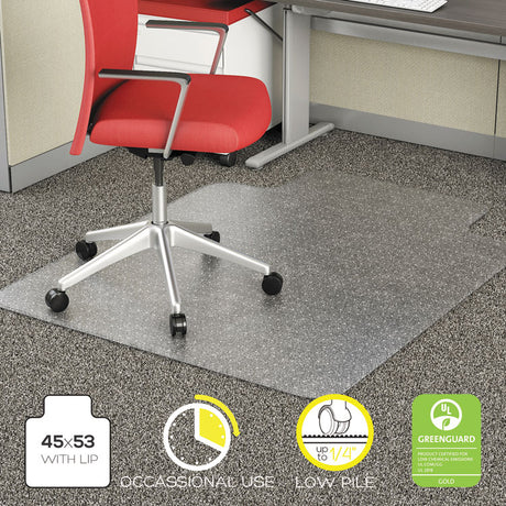 Occasional Use Studded Chair Mat for Flat Pile Carpet, 45 x 53, Wide Lipped, Clear