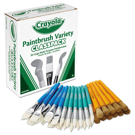 Large Variety Paint Brush Classpack, Natural; Nylon Bristles, Flat; Round Profiles, 36/Set