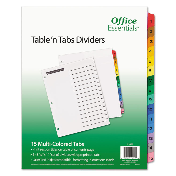 Table  n Tabs Dividers, 15-Tab, 1 to 15, 11 x 8.5, White, Assorted Tabs, 1 Set