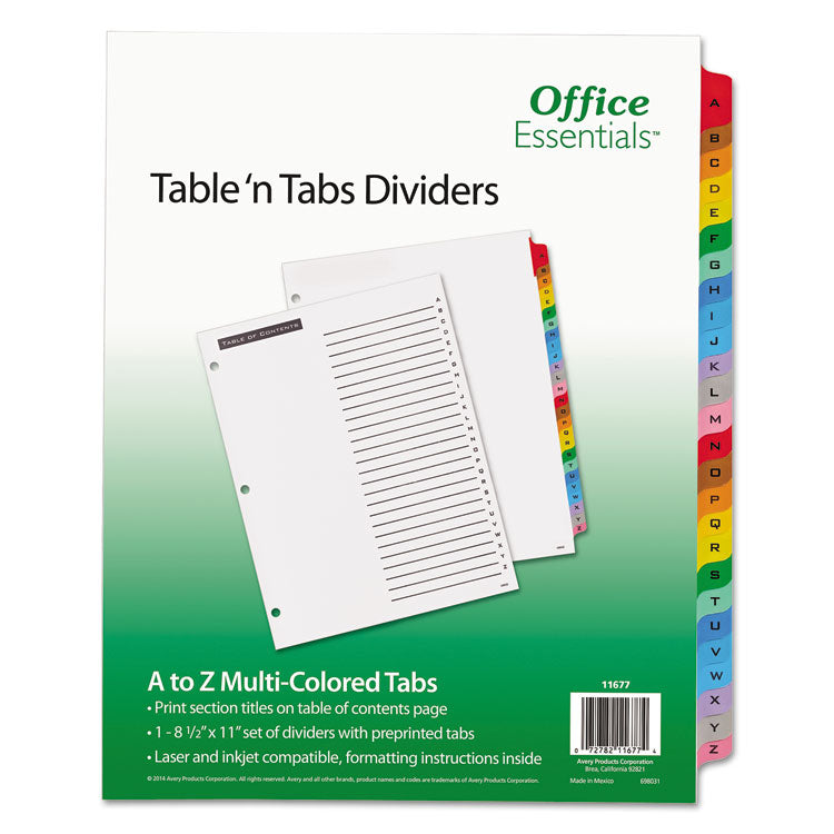 Table  n Tabs Dividers, 26-Tab, A to Z, 11 x 8.5, White, Assorted Tabs, 1 Set