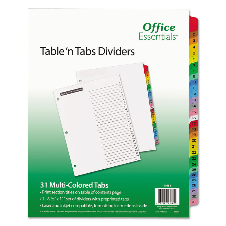 Table  n Tabs Dividers, 31-Tab, 1 to 31, 11 x 8.5, White, Assorted Tabs, 1 Set