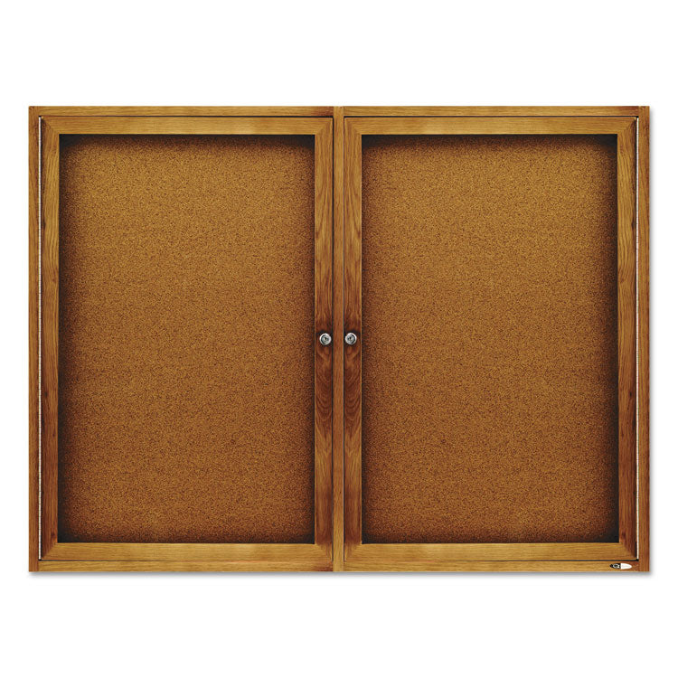 Enclosed Indoor Cork Bulletin Board with Two Hinged Doors, 48 x 36, Tan Surface, Oak Fiberboard Frame