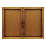 Enclosed Indoor Cork Bulletin Board with Two Hinged Doors, 48 x 36, Tan Surface, Oak Fiberboard Frame