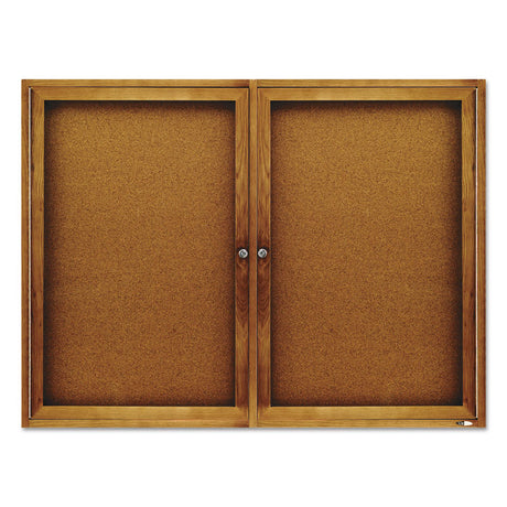 Enclosed Indoor Cork Bulletin Board with Two Hinged Doors, 48 x 36, Tan Surface, Oak Fiberboard Frame