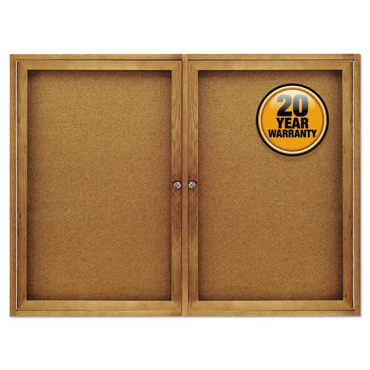 Enclosed Indoor Cork Bulletin Board with Two Hinged Doors, 48 x 36, Tan Surface, Oak Fiberboard Frame