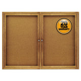 Enclosed Indoor Cork Bulletin Board with Two Hinged Doors, 48 x 36, Tan Surface, Oak Fiberboard Frame