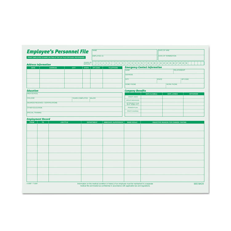 Employee s Record File Folder, Straight Tabs, Letter Size, Index Stock, Green, 20/Pack