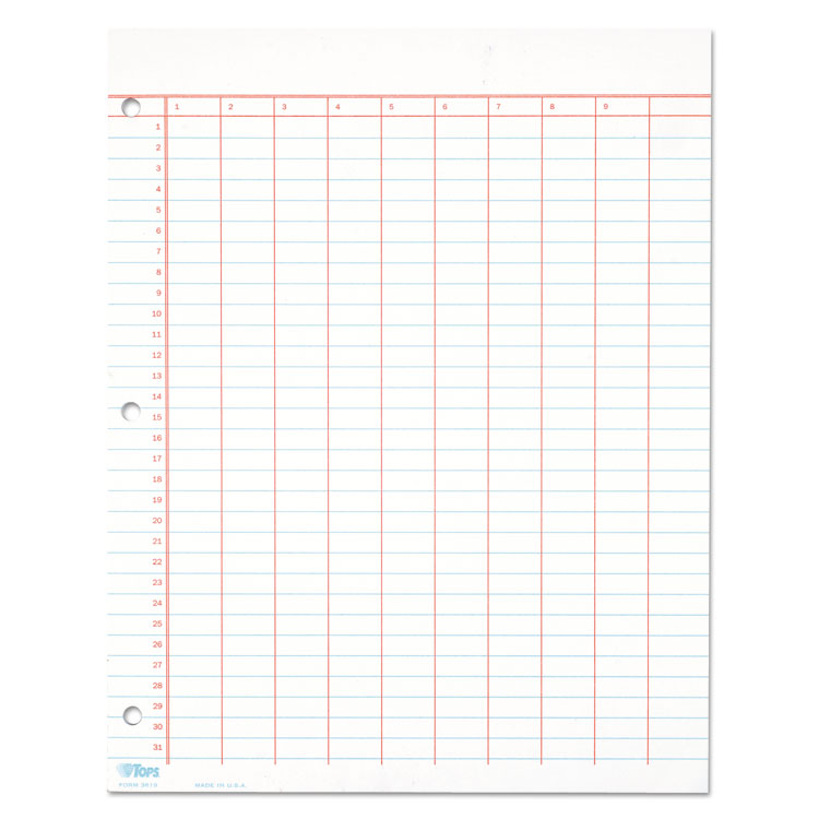 Data Pad with Numbered Column Headings, Data/Lab-Record Format, Wide/Legal Rule, 10 Columns, 8.5 x 11, White, 50 Sheets