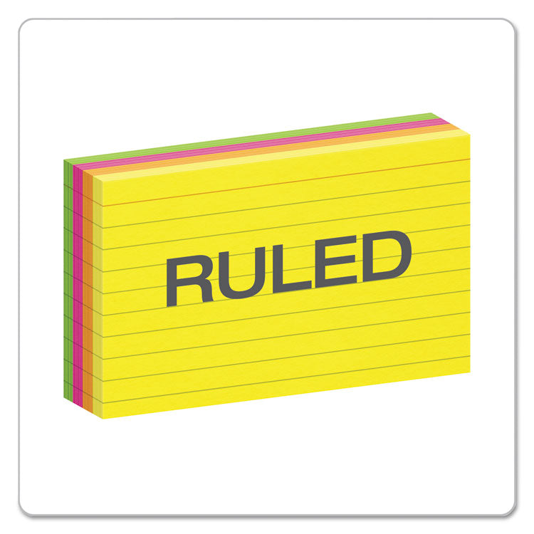 Ruled Index Cards, 3 x 5, Glow Green/Yellow, Orange/Pink, 100/Pack