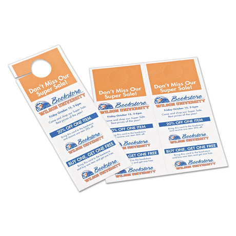 Door Hanger with Tear-Away Cards, 97 Bright, 65 lb Cover Weight, 4.25 x 11, White, 2 Hangers/Sheet, 40 Sheets/Pack