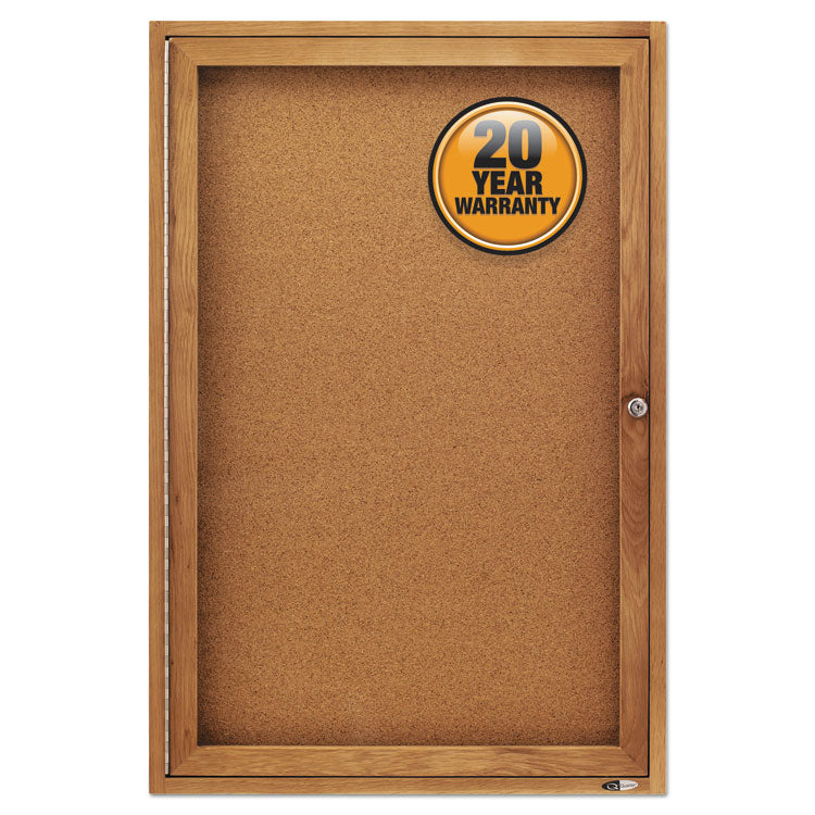 Enclosed Indoor Cork Bulletin Board with One Hinged Door, 24 x 36, Tan Surface, Oak Fiberboard Frame