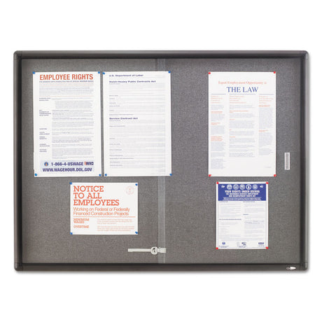 Enclosed Indoor Cork and Gray Fabric Bulletin Board with Two Sliding Glass Doors, 48 x 36, Graphite Gray Aluminum Frame