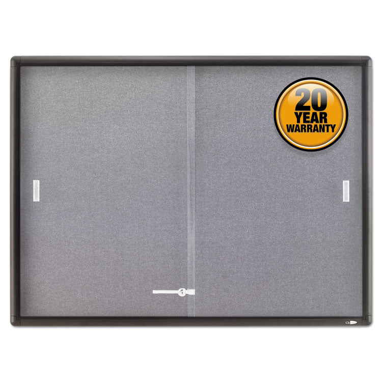 Enclosed Indoor Cork and Gray Fabric Bulletin Board with Two Sliding Glass Doors, 48 x 36, Graphite Gray Aluminum Frame