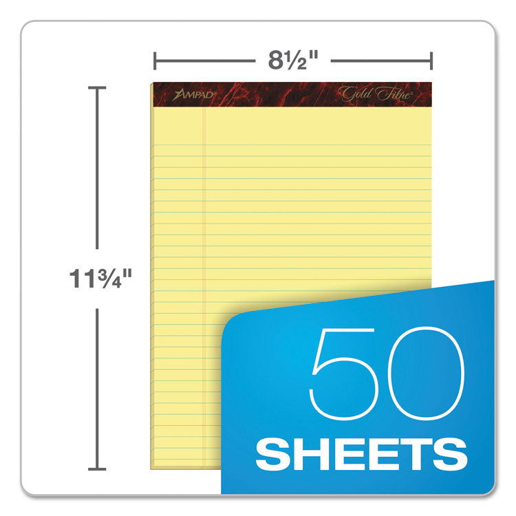 Gold Fibre Quality Writing Pads, Wide/Legal Rule, 50 Canary-Yellow 8.5 x 11.75 Sheets, Dozen