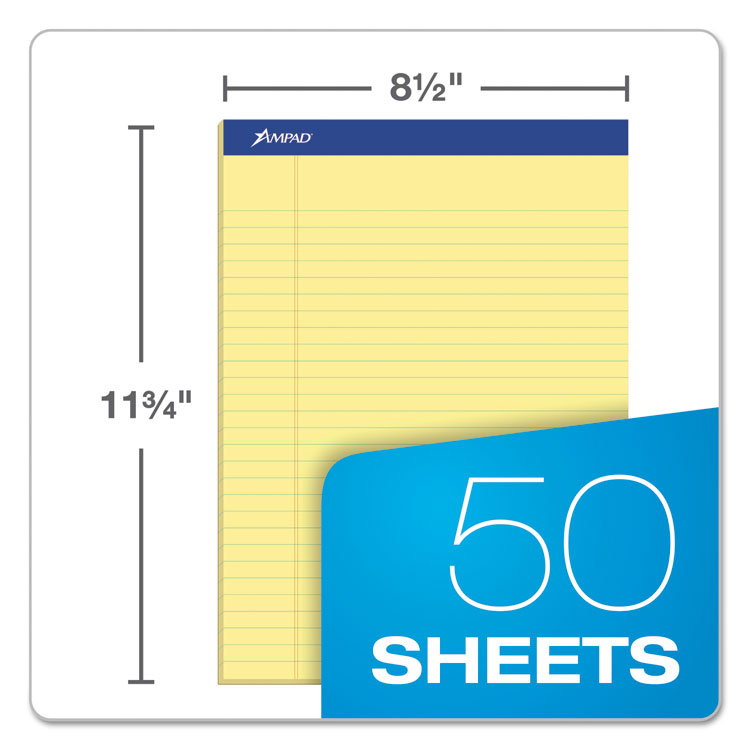 Perforated Writing Pads, Wide/Legal Rule, 50 Canary-Yellow 8.5 x 11.75 Sheets, Dozen