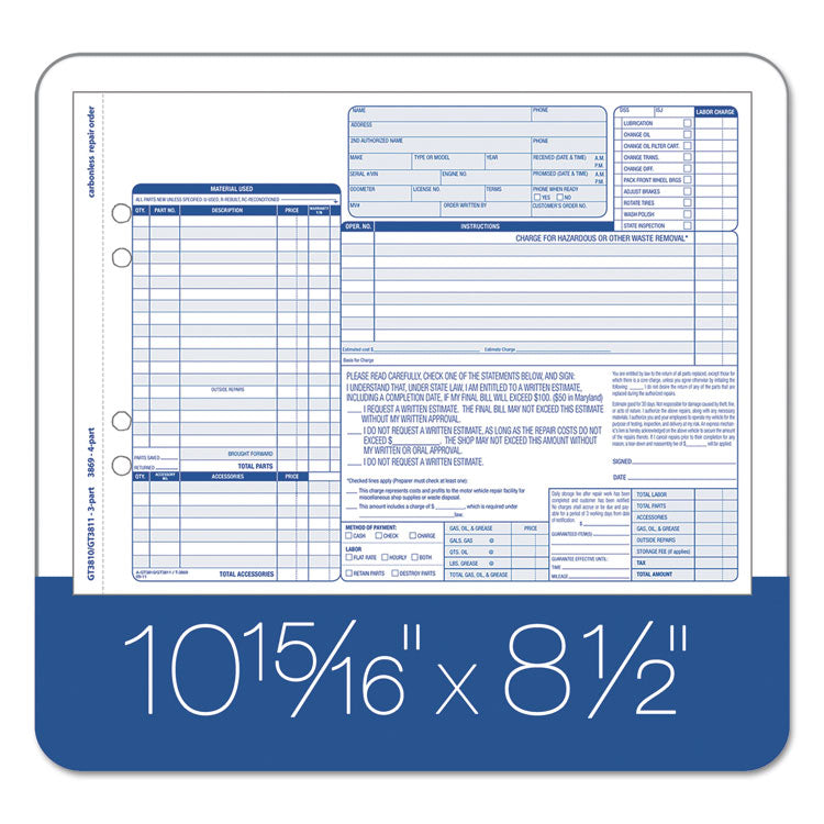 Auto Repair Four-Part Order Form, Four-Part Carbonless, 11 x 8.5, 50 Forms Total