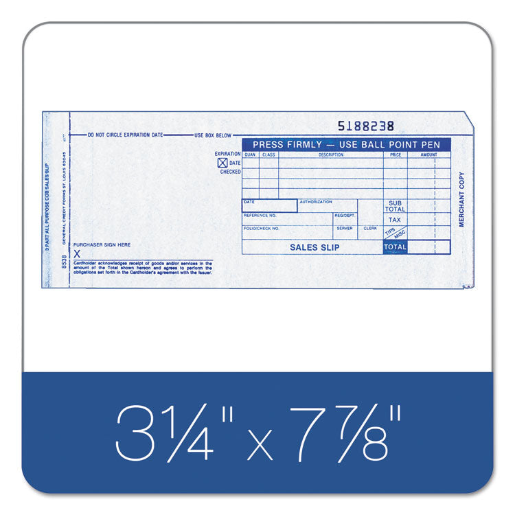 Credit Card Sales Slip, Three-Part Carbonless, 7.78 x 3.25, 100 Forms Total