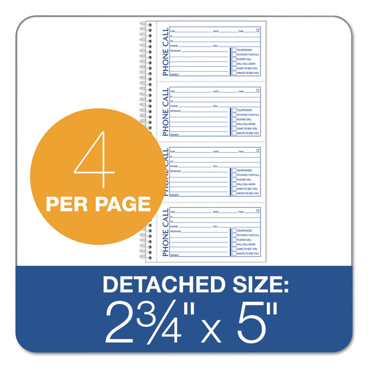 Second Nature Phone Call Book, Two-Part Carbonless, 5 x 2.75, 4 Forms/Sheet, 400 Forms Total