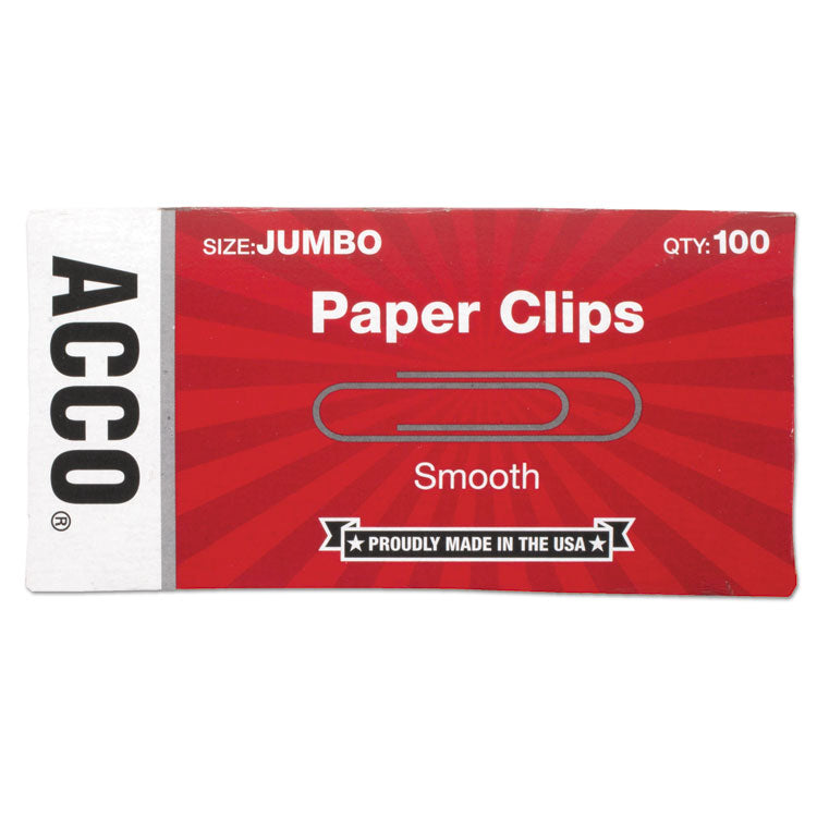 Paper Clips, Jumbo, Smooth, Silver, 100 Clips/Box, 10 Boxes/Pack