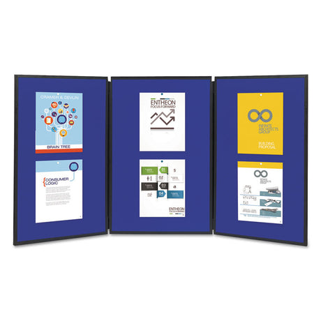 Show-It! Display System, Three-Panel Display, 72 x 36, Blue/Gray Surface, Black PVC Frame