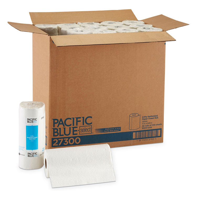 Pacific Blue Select Two-Ply Perforated Paper Kitchen Roll Towels, 2-Ply, 11 x 8.88, White, 100/Roll