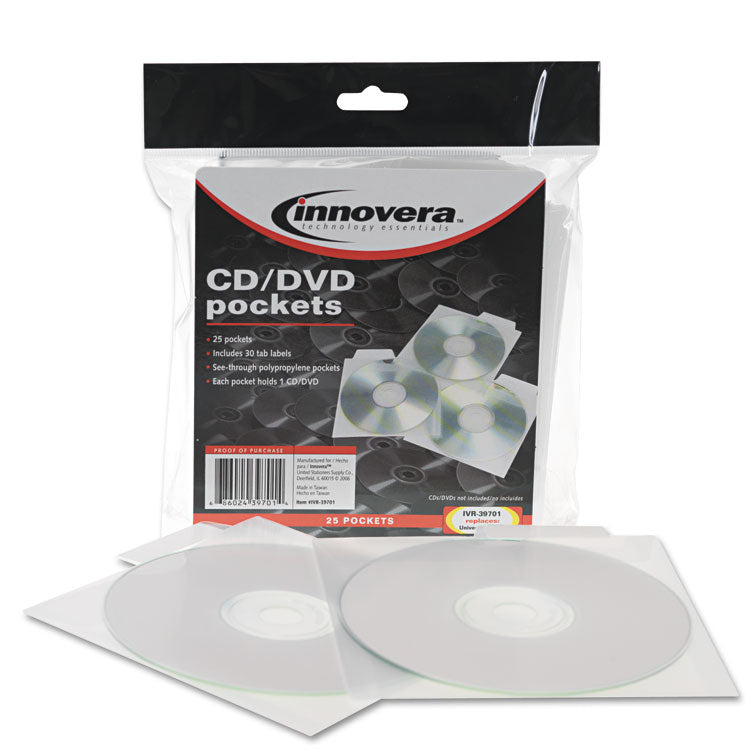 CD/DVD Pockets, 1 Disc Capacity, Clear, 25/Pack