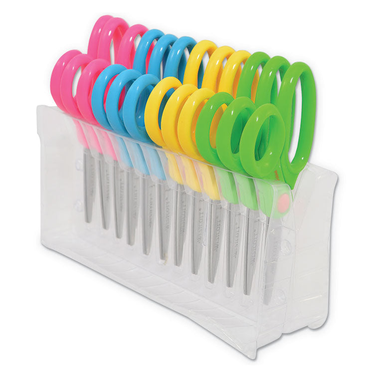 Kids' Scissors with Antimicrobial Protection, Pointed Tip, 5" Long, 2" Cut Length, Assorted Straight Handles, 12/Pack