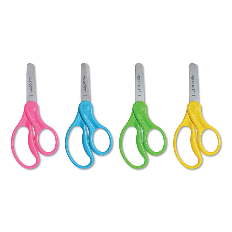 For Kids Scissors, Blunt Tip, 5" Long, 1.75" Cut Length, Assorted Straight Handles, 12/Pack