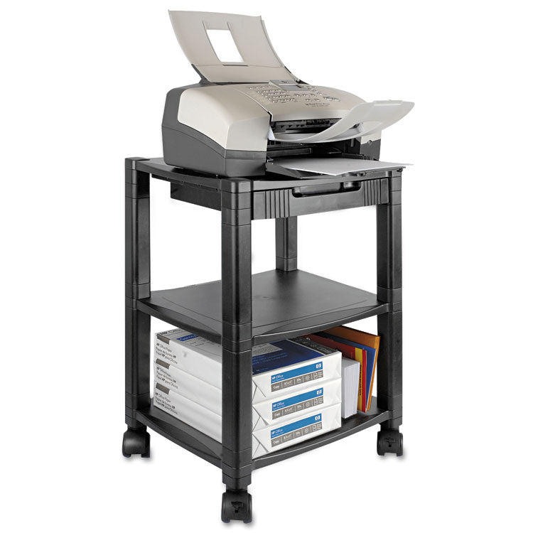Height-Adjustable Deskside Printer Cart, Plastic, 3 Shelves, 1 Drawer, 75 lb Capacity, 17  x 13.25  x 24.5 , Black