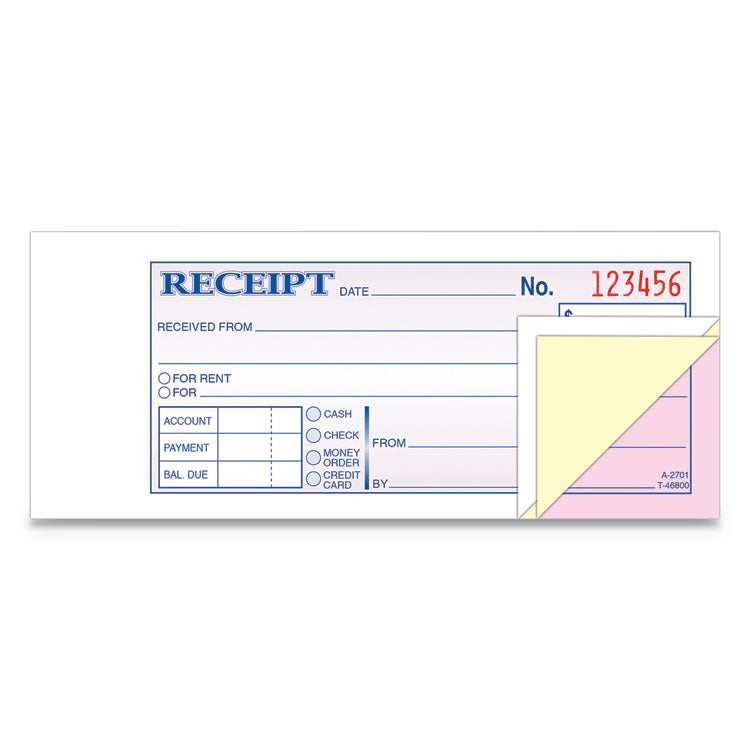 Receipt Book, Three-Part Carbonless, 2.75 x 7.19, 50 Forms Total