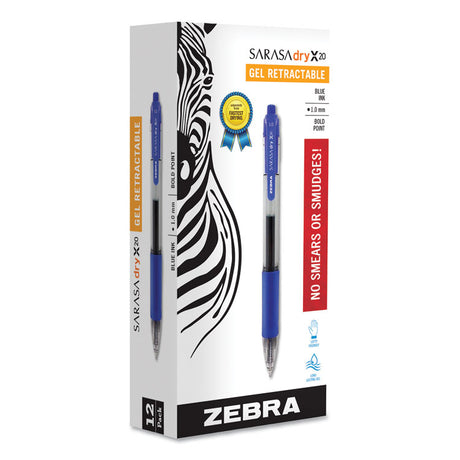 Sarasa Dry Gel X20 Gel Pen, Retractable, Bold 1 mm, Blue Ink, Clear/Blue Barrel, 12/Pack