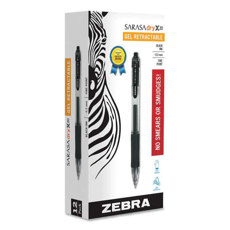 Sarasa Dry Gel X20 Gel Pen, Retractable, Fine 0.5 mm, Black Ink, Clear/Black Barrel, 12/Pack