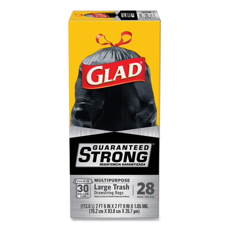 Drawstring Large Trash Bags, Three-Ply, 30 gal, 1.05 mil, 30  x 33 , Black, 15/Box