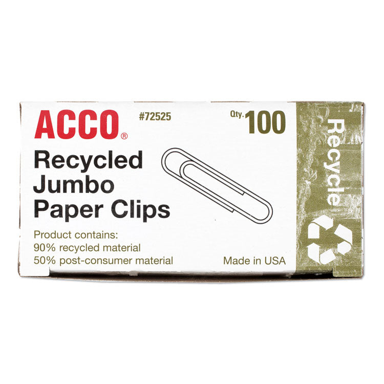 Recycled Paper Clips, Jumbo, Smooth, Silver, 100 Clips/Box, 10 Boxes/Pack