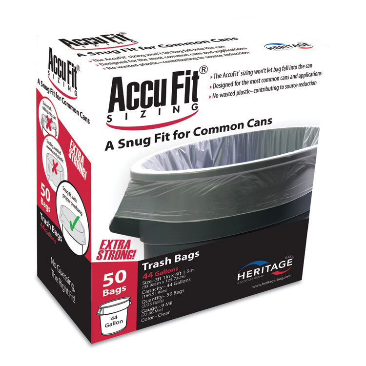 Linear Low Density Can Liners with AccuFit Sizing, 44 gal, 0.9 mil, 37  x 50 , Clear, 50/Box