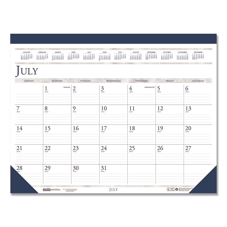 Recycled Academic Desk Pad Calendar, 18.5 x 13, White/Blue Sheets, Blue Binding/Corners, 14-Month (July to Aug): 2024 to 2025