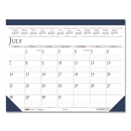 Recycled Academic Desk Pad Calendar, 18.5 x 13, White/Blue Sheets, Blue Binding/Corners, 14-Month (July to Aug): 2024 to 2025