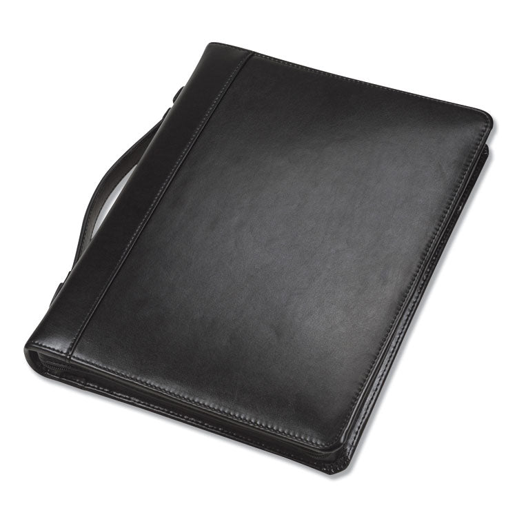 Leather Multi-Ring Zippered Portfolio, Two-Part, 1" Cap, 11 x 13 1/2, Black