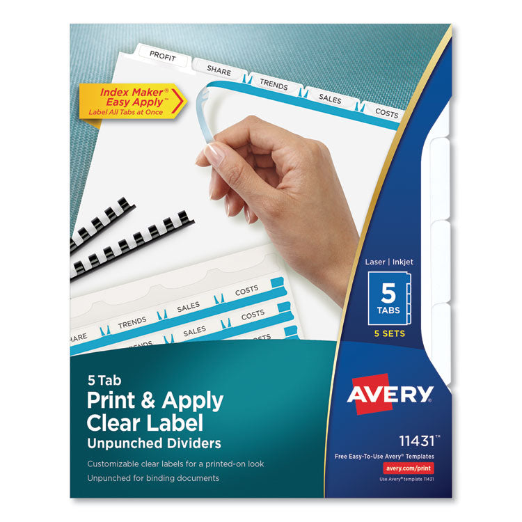 Print and Apply Index Maker Clear Label Unpunched Dividers, 5-Tab, 11 x 8.5, White, 5 Sets