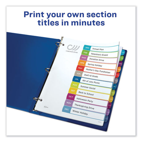 Customizable TOC Ready Index Multicolor Tab Dividers, 12-Tab, Jan. to Dec., 11 x 8.5, White, Contemporary Color Tabs, 1 Set